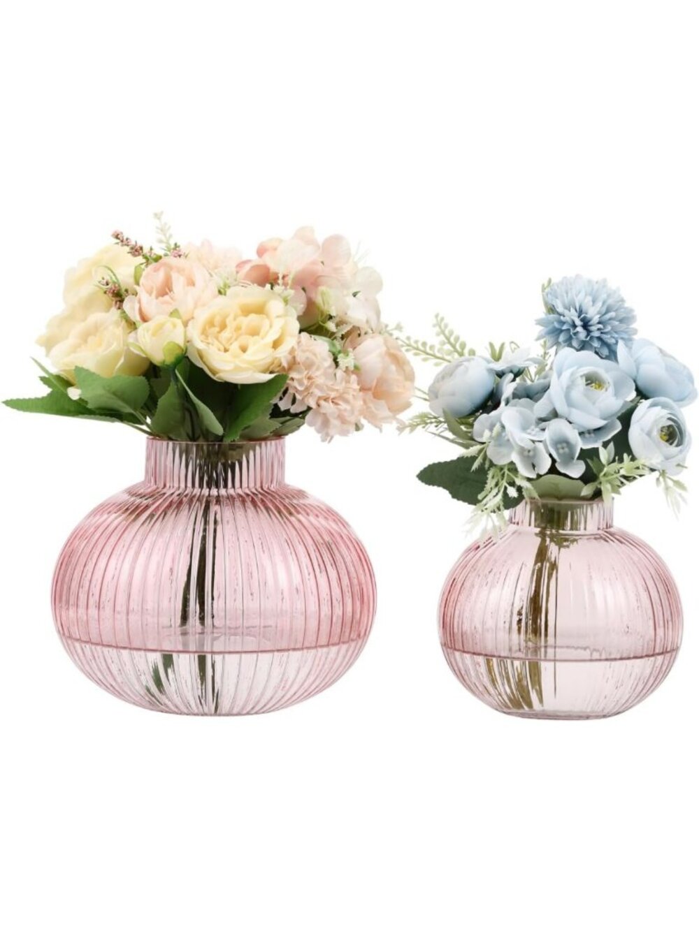 Set of 2 Pink Ribbed Glass Vases for Tulips & Bouquets - Short Floral Decor